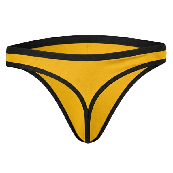 Yellow men's thong underwear with black waistband and minimalist low-rise fit