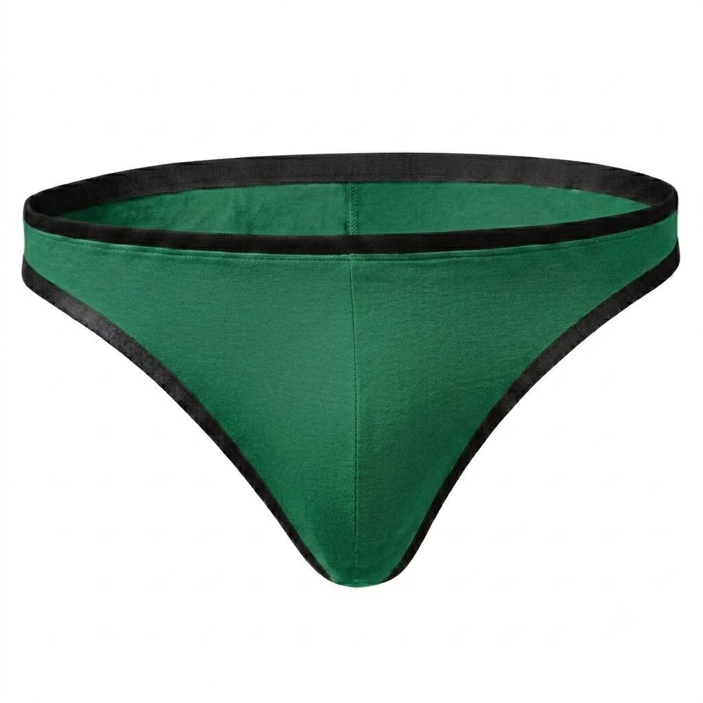 Green men's thong underwear with black waistband and minimalist low-rise design by Last Bencher