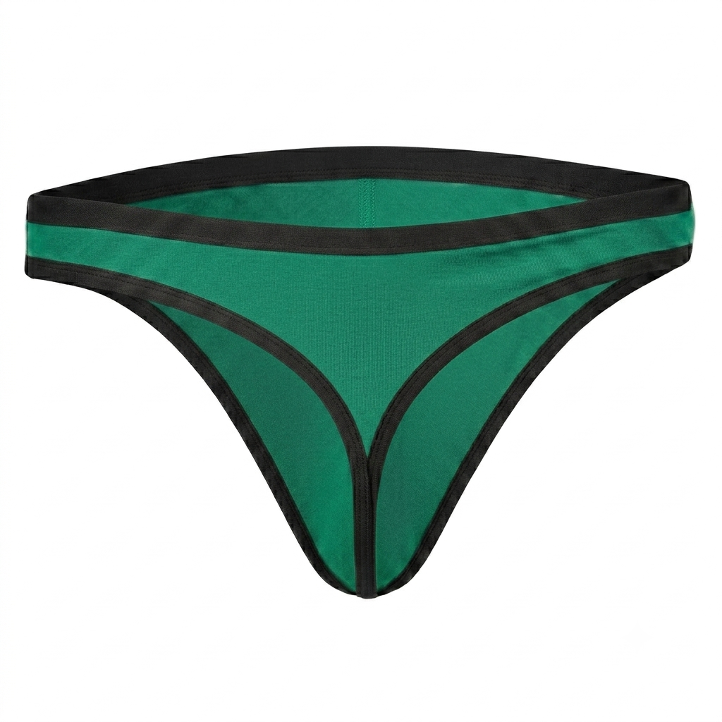 Green low-rise men's brief with contrasting black waistband and supportive fit