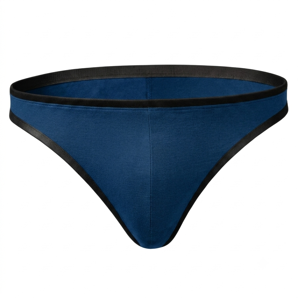 Dark blue men's thong with black waistband and minimalist underwear design
