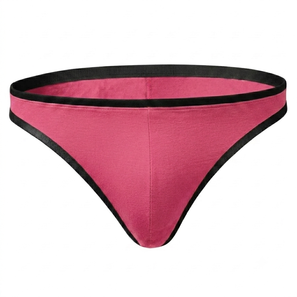 Magenta pink men's thong with black waistband and comfortable minimalist fit