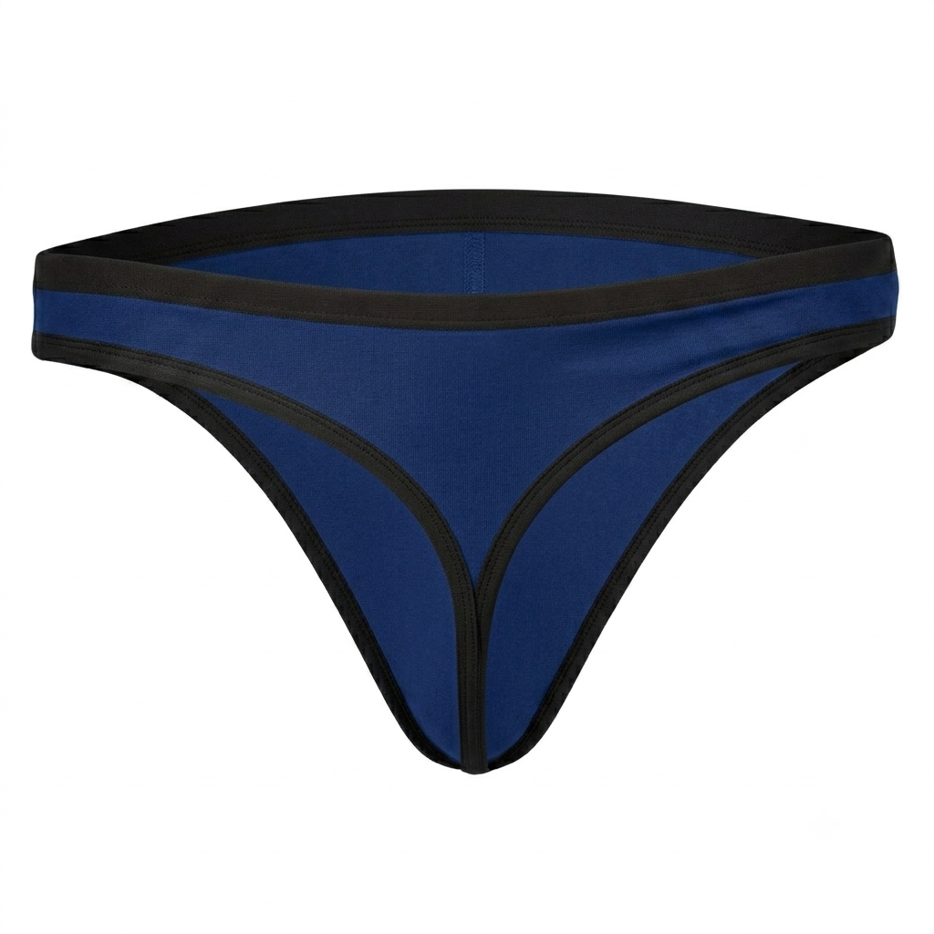 Navy blue men's thong underwear with black waistband and minimalist low-rise design