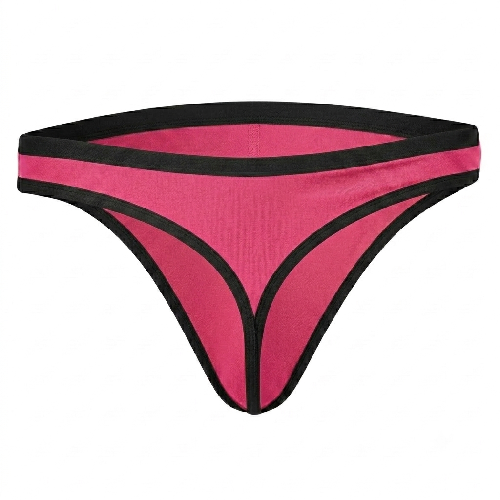 Bright pink men's thong with black waistband and sleek low-rise underwear design