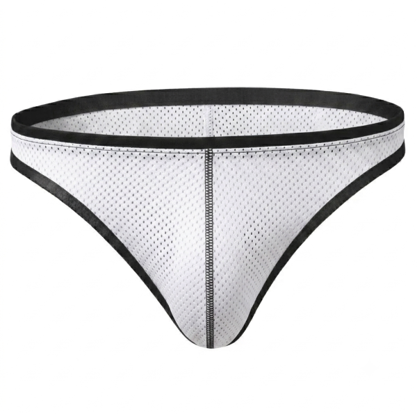 White mesh low-rise brief for men with lightweight sheer fabric and sleek fit