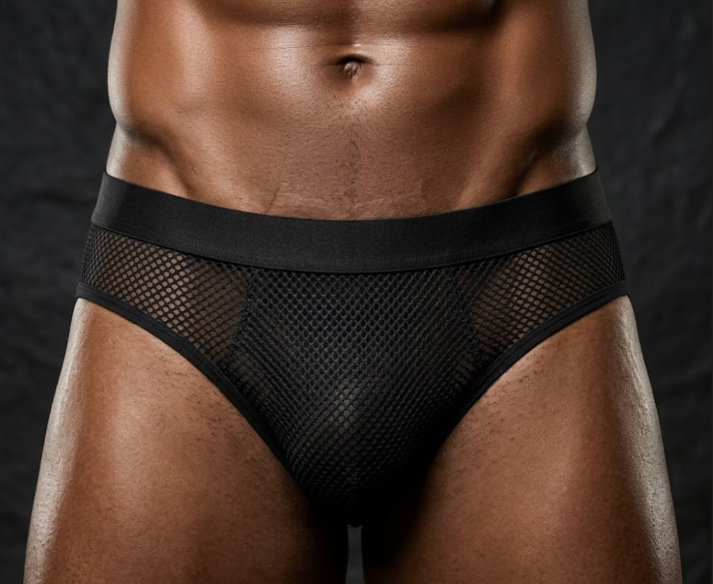 Black mesh men's underwear on male model
