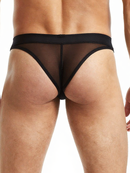 Black sheer mesh brief for men with low-rise fit and lightweight breathable design