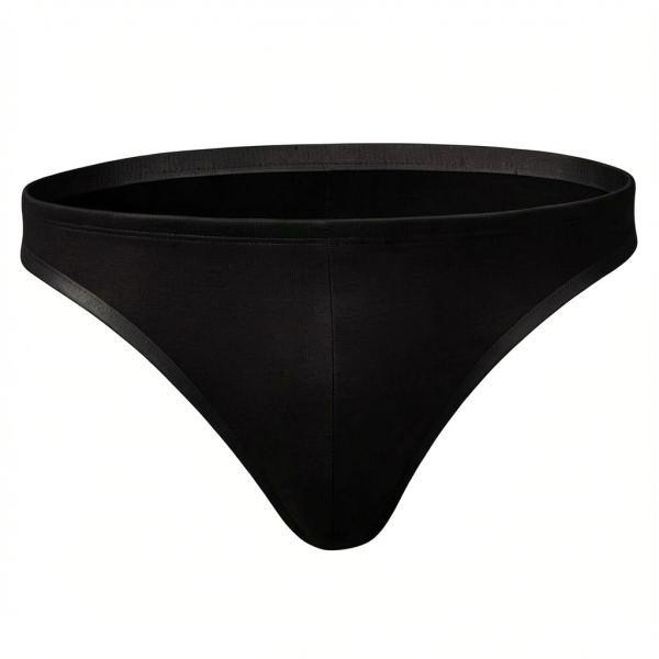 Black men's thong with sleek low-rise silhouette and minimalist underwear design