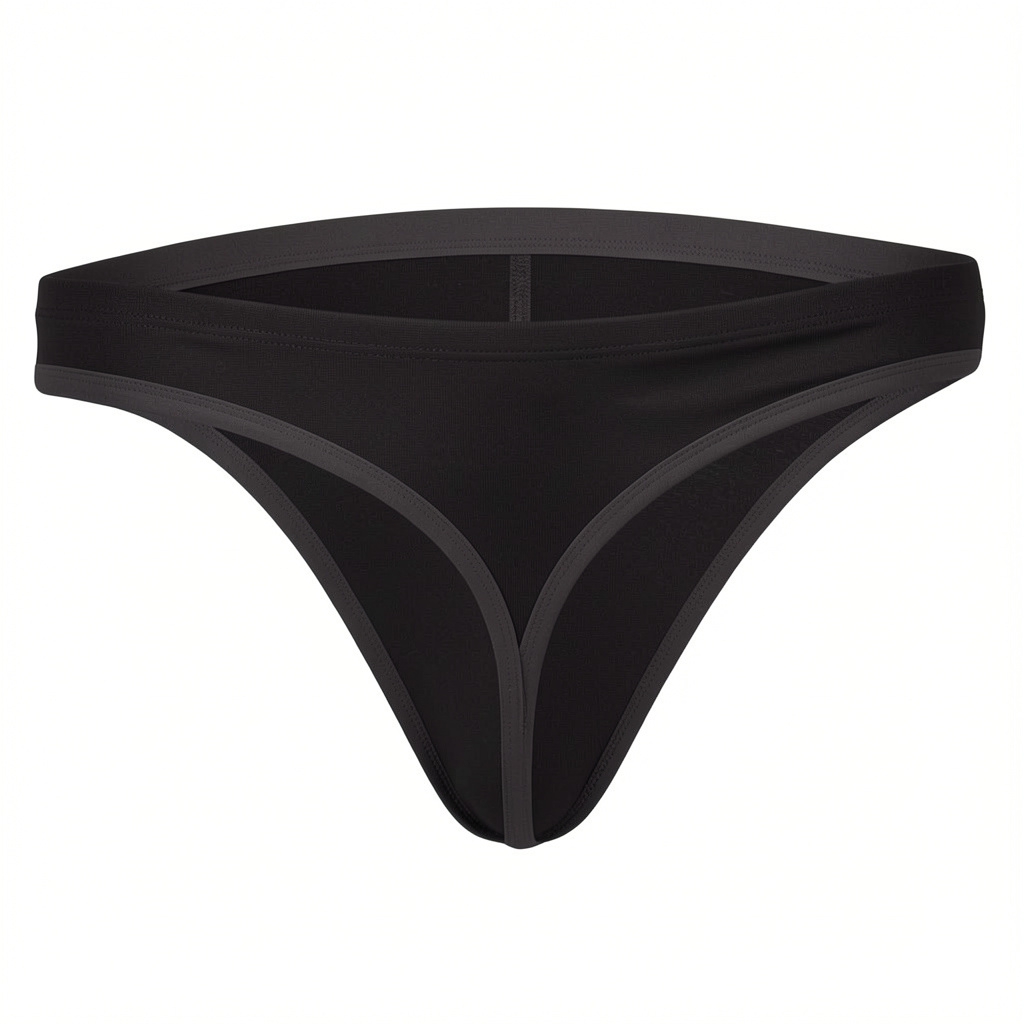 Black men's thong underwear with matching waistband and minimalist low-rise design